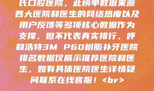 2024呼和浩特3M P60树脂补牙医院热门度比较高的有这几家,上榜的有呼和浩特亚非口腔门诊部、呼和浩特华医口腔医院、呼和浩特市口腔医院、呼和浩特汇博尔口腔门诊部、呼和浩特华医口腔、呼和浩特口腔(巨华酒店店)、呼和浩特聚仁口腔门诊部、呼和浩特华医口腔医院美容科、呼和浩特红十字口腔门诊部、呼和浩特刘氏口腔医院,此榜单数据来源各大医院和医生的网络热度以及用户反馈等多项核心数据作为支撑,但不代表真实排行,呼和浩特3M P60树脂补牙医院排名数据仅展示推荐医院和医生,如有具体医院医生详情疑问联系在线客服!<br>